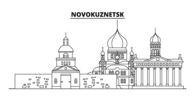 Novokuznetsk, Rusya. Şehir manzarası: mimari, binalar, sokaklar, siluet, peyzaj, panorama, yerler. Düzenlenebilir vuruş. Düz tasarım, çizgi vektör illüstrasyon kavramı. İzole simgeler