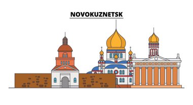 Novokuznetsk, Rusya. Şehir manzarası: mimari, binalar, caddeler, siluet, peyzaj, panorama. Düz çizgi, illüstrasyon vektör. Rusya, Novokuznetsk anahat tasarım.