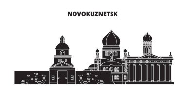 Novokuznetsk, Rusya. Şehir manzarası: mimari, binalar, caddeler, siluet, peyzaj, panorama. Düz çizgi, illüstrasyon vektör. Rusya, Novokuznetsk anahat tasarım.