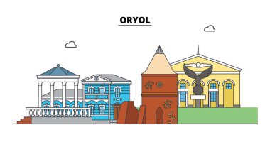 Rusya, Oryol. Şehir manzarası: mimari, binalar, caddeler, siluet, peyzaj, panorama. Düz çizgi, illüstrasyon vektör. Rusya, Oryol anahat tasarım.