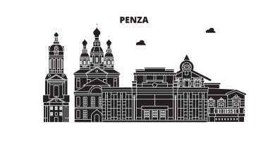 Rusya, Penza. Şehir manzarası: mimari, binalar, caddeler, siluet, peyzaj, panorama. Düz çizgi, illüstrasyon vektör. Rusya, Penza anahat tasarım.