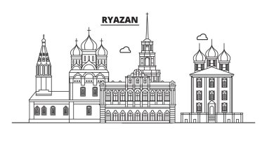 Rusya, Ryazan. Şehir manzarası: mimari, binalar, sokaklar, siluet, peyzaj, panorama, yerler. Düzenlenebilir vuruş. Düz tasarım, çizgi vektör illüstrasyon kavramı. İzole simgeler