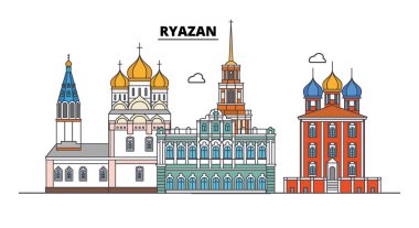 Rusya, Ryazan. Şehir manzarası: mimari, binalar, caddeler, siluet, peyzaj, panorama. Düz çizgi, illüstrasyon vektör. Rusya, Ryazan anahat tasarım.