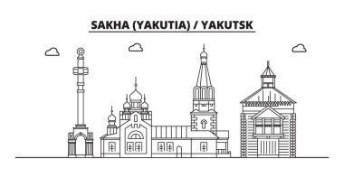 Rusya, saha Yakutya, Yakutsk. Şehir manzarası: mimari, binalar, sokaklar, siluet, peyzaj, panorama, yerler. Düz tasarım, çizgi vektör illüstrasyon kavramı. İzole simgeler