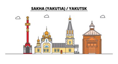 Rusya, saha Yakutya, Yakutsk. Şehir manzarası: mimari, binalar, caddeler, siluet, peyzaj, panorama. Düz çizgi, illüstrasyon vektör. Rusya, saha Yakutya, Yakutsk anahat tasarım.