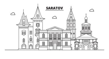 Rusya, Saratov. Şehir manzarası: mimari, binalar, sokaklar, siluet, peyzaj, panorama, yerler. Düzenlenebilir vuruş. Düz tasarım, çizgi vektör illüstrasyon kavramı. İzole simgeler
