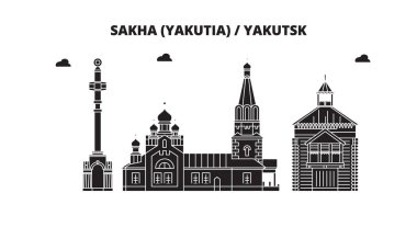 Rusya, saha Yakutya, Yakutsk. Şehir manzarası: mimari, binalar, caddeler, siluet, peyzaj, panorama. Düz çizgi, illüstrasyon vektör. Rusya, saha Yakutya, Yakutsk anahat tasarım.
