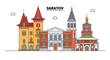 Rusya, Saratov. Şehir manzarası: mimari, binalar, caddeler, siluet, peyzaj, panorama. Düz çizgi, illüstrasyon vektör. Rusya, Saratov anahat tasarım.