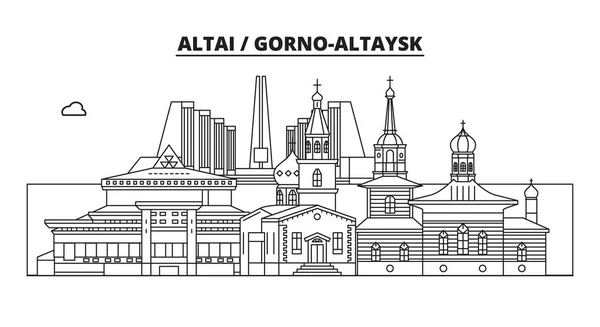 Αλτάι, Ρωσία Gorno-Altaysk. Ορίζοντα της πόλης: αρχιτεκτονική, κτήρια, δρόμους, σιλουέτα, τοπίο, Πανόραμα, σημεία ενδιαφέροντος. Επίπεδη σχεδίαση γραμμής διανυσματικά εικονογράφηση έννοια. Μεμονωμένα εικονίδια — Διανυσματικό Αρχείο