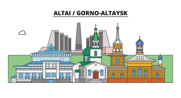 Altáj, Oroszország Gorno-Altaysk. Városra: építészet, épületek, utcák, silhouette, táj, panoráma. Lapos vonal, vektoros illusztráció. Altáj, Oroszország Gorno-Altaysk szerkezeti kialakítása. — Stock Vector