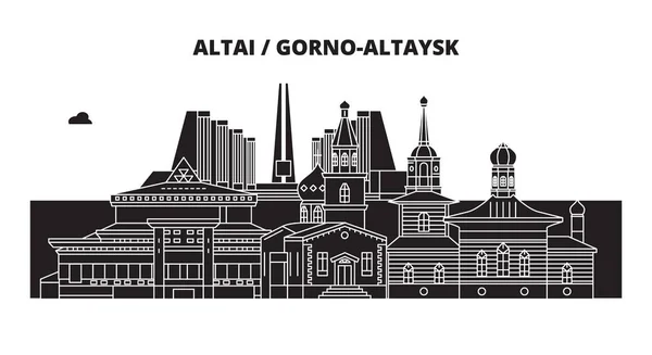 Αλτάι, Ρωσία Gorno-Altaysk. Ορίζοντα της πόλης: αρχιτεκτονική, κτήρια, δρόμους, σιλουέτα, τοπίο, Πανόραμα. Επίπεδη γραμμή, διανυσματικά εικονογράφηση. Αλτάι, Ρωσία, Gorno-Altaysk περίγραμμα σχεδίου. — Διανυσματικό Αρχείο