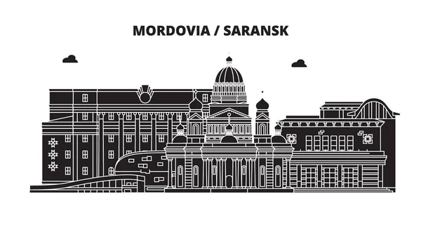 Rusya, Mordovia Saransk. Şehir manzarası: mimari, binalar, caddeler, siluet, peyzaj, panorama. Düz çizgi, illüstrasyon vektör. Rusya, Mordovia Saransk tasarım anahat. — Stok Vektör