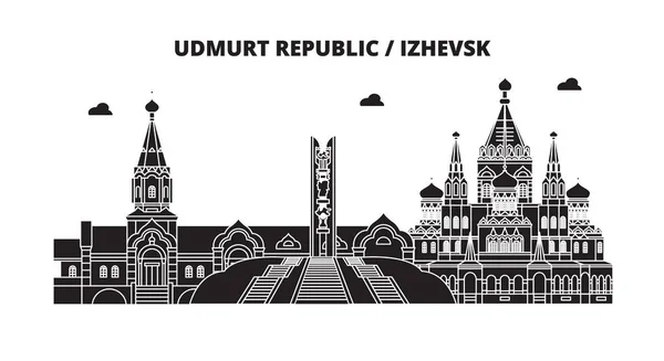 Росія, Удмуртії, Іжевськ. Місто: архітектура, будинки, вулиці, Силует, краєвид, панорама. Квартира лінії, Векторні ілюстрації. Росія, Удмуртії, Іжевськ контур дизайн. — стоковий вектор