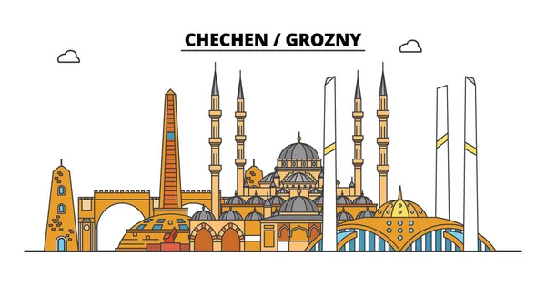 Ρωσίας, της Τσετσενίας, Γκρόζνυ. Ορίζοντα της πόλης: αρχιτεκτονική, κτήρια, δρόμους, σιλουέτα, τοπίο, Πανόραμα. Επίπεδη γραμμή, διανυσματικά εικονογράφηση. Ρωσίας, της Τσετσενίας, Γκρόζνυ διάρθρωσης σχεδιασμού. — Διανυσματικό Αρχείο