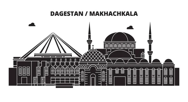 Rusland, Dagestan, Machatsjkala. Skyline van de stad: architectuur, gebouwen, straten, silhouet, landschap, panorama. Platte lijn, vector illustratie. Rusland, Dagestan, Machatsjkala schets ontwerp. — Stockvector