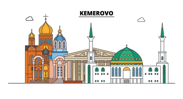 Rússia, Kemerovo. skyline da cidade: arquitetura, edifícios, ruas, silhueta, paisagem, panorama. Linha plana, ilustração vetorial. Rússia, Kemerovo projeto esboço . —  Vetores de Stock