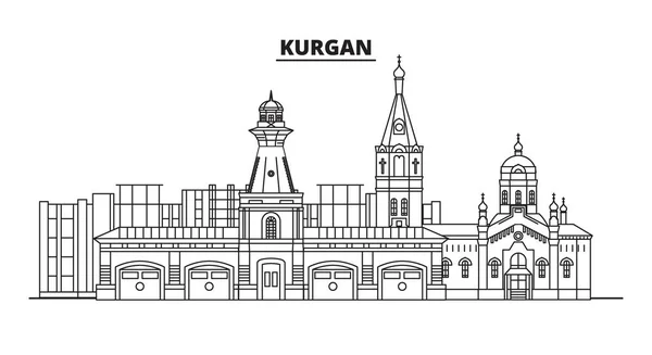 Russland, kurgan. Stadtsilhouette: Architektur, Gebäude, Straßen, Silhouette, Landschaft, Panorama, Wahrzeichen. editierbare Striche. flaches Design, Linienvektor-Illustrationskonzept. Vereinzelte Symbole — Stockvektor