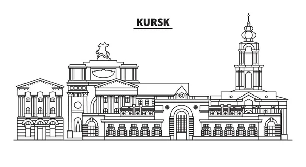 Rusko, Kursk. Panorama města: architektura, budovy, ulice, silueta, krajina, panorama, zajímavosti. Upravitelné tahy. Plochý design, vyvázání vektorové ilustrace. Izolované ikony — Stockový vektor