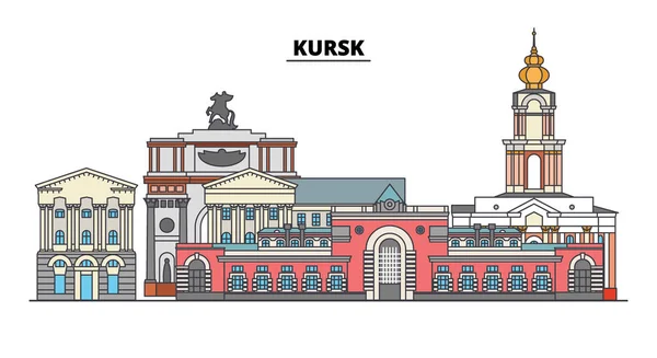 Rusko, Kursk. Panorama města: architektura, budovy, ulice, silueta, krajina, panorama. Plochá linie, vektorové ilustrace. Rusko, Kursk obrys design. — Stockový vektor