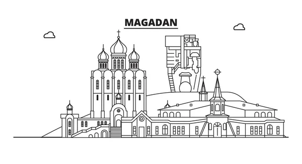 Rosja, Magadan. Miasto: architektura, budynki, ulice, sylwetka, krajobraz, panorama, zabytki. Obrysy można edytować. Płaska konstrukcja, linia wektor ilustracja koncepcja. Ikony na białym tle — Wektor stockowy
