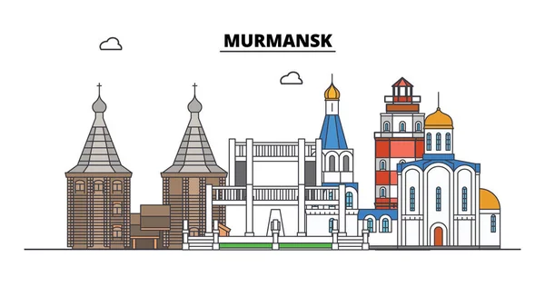 Rusko, Murmansk. Panorama města: architektura, budovy, ulice, silueta, krajina, panorama. Plochá linie, vektorové ilustrace. Rusko, Murmansk obrys design. — Stockový vektor