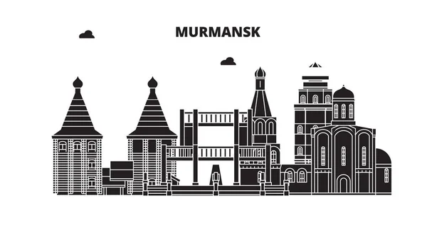 Μούρμανσκ, Ρωσία. Ορίζοντα της πόλης: αρχιτεκτονική, κτήρια, δρόμους, σιλουέτα, τοπίο, Πανόραμα. Επίπεδη γραμμή, διανυσματικά εικονογράφηση. Ρωσία, Μούρμανσκ περίγραμμα σχεδίου. — Διανυσματικό Αρχείο