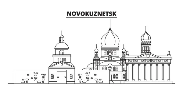 Rusia, Novokuznetsk. Ciudad skyline: arquitectura, edificios, calles, silueta, paisaje, panorama, monumentos. Golpes editables. Diseño plano, concepto de ilustración de vectores de línea. Iconos aislados — Vector de stock