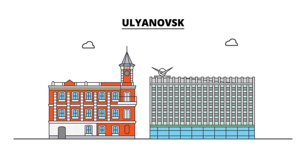 Russia, Ulyanovsk. City skyline: architecture, buildings, streets, silhouette, landscape, panorama. Flat line, vector illustration. Russia, Ulyanovsk outline design. Royalty Free Stock Illustrations
