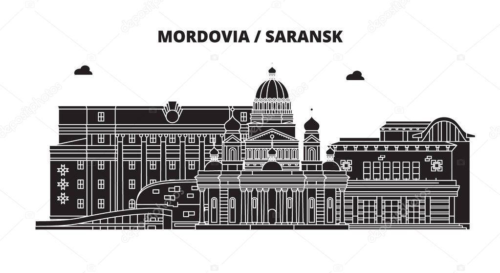 Russia, Mordovia, Saransk. City skyline: architecture, buildings, streets, silhouette, landscape, panorama. Flat line, vector illustration. Russia, Mordovia, Saransk outline design.
