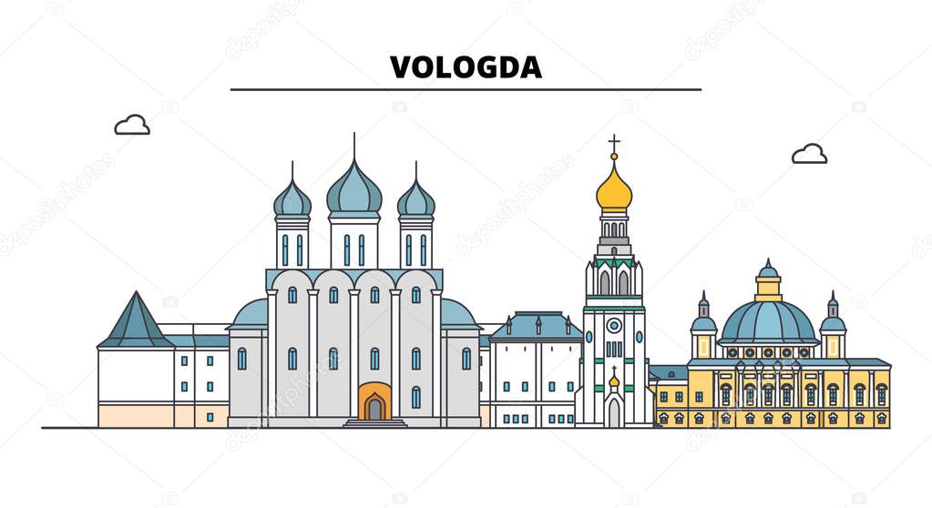 Russia, Vologda. City skyline: architecture, buildings, streets, silhouette, landscape, panorama. Flat line, vector illustration. Russia, Vologda outline design.