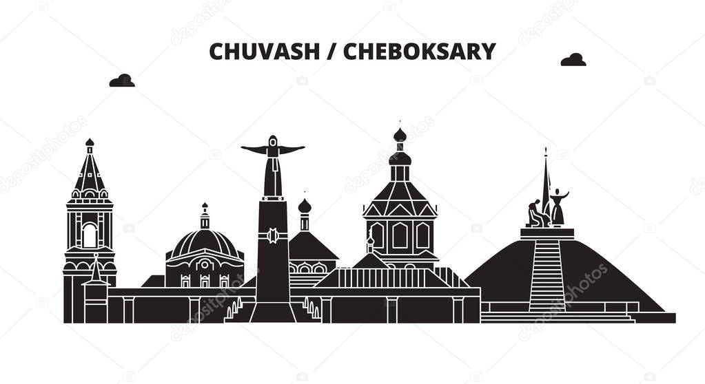Russia, Chuvash, Cheboksary. City skyline: architecture, buildings, streets, silhouette, landscape, panorama. Flat line, vector illustration. Russia, Chuvash, Cheboksary outline design.
