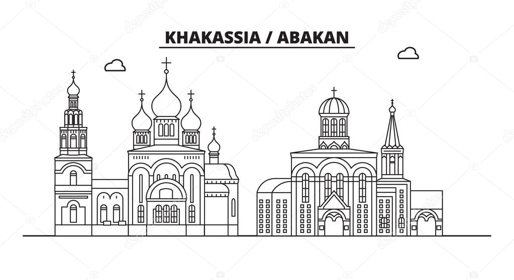 Russia, Khakassia, Abakan. City skyline: architecture, buildings, streets, silhouette, landscape, panorama, landmarks. Editable strokes. Flat design, line vector illustration concept. Isolated icons