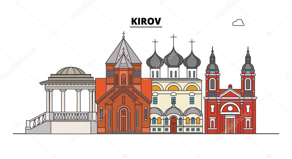 Russia, Kirov. City skyline: architecture, buildings, streets, silhouette, landscape, panorama. Flat line, vector illustration. Russia, Kirov outline design.