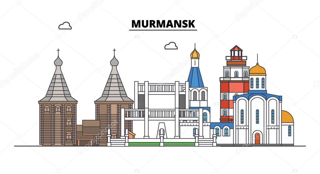 Russia, Murmansk. City skyline: architecture, buildings, streets, silhouette, landscape, panorama. Flat line, vector illustration. Russia, Murmansk outline design.