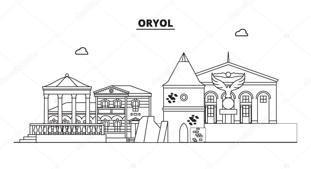 Russia, Oryol. City skyline: architecture, buildings, streets, silhouette, landscape, panorama, landmarks. Editable strokes. Flat design, line vector illustration concept. Isolated icons