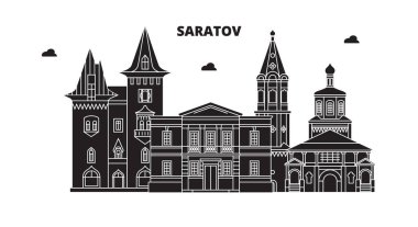 Rusya, Saratov. Şehir manzarası: mimari, binalar, caddeler, siluet, peyzaj, panorama. Düz çizgi, illüstrasyon vektör. Rusya, Saratov anahat tasarım.