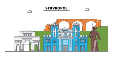 Rusya, Stavropol. Şehir manzarası: mimari, binalar, caddeler, siluet, peyzaj, panorama. Düz çizgi, illüstrasyon vektör. Rusya, Stavropol anahat tasarım.