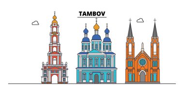 Rusya, Tambov. Şehir manzarası: mimari, binalar, caddeler, siluet, peyzaj, panorama. Düz çizgi, illüstrasyon vektör. Rusya, Tambov anahat tasarım.