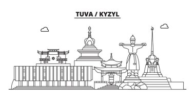 Rusya, Tuva, Kızıl. Şehir manzarası: mimari, binalar, sokaklar, siluet, peyzaj, panorama, yerler. Düzenlenebilir vuruş. Düz tasarım, çizgi vektör illüstrasyon kavramı. İzole simgeler