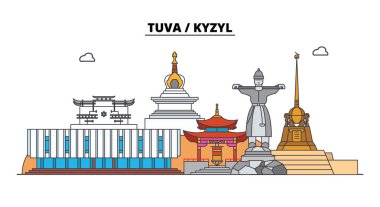 Rusya, Tuva, Kızıl. Şehir manzarası: mimari, binalar, caddeler, siluet, peyzaj, panorama. Düz çizgi, illüstrasyon vektör. Rusya, Tuva, Kızıl anahat tasarım.