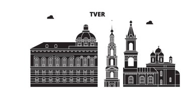 Rusya, Tver. Şehir manzarası: mimari, binalar, caddeler, siluet, peyzaj, panorama. Düz çizgi, illüstrasyon vektör. Rusya, Tver anahat tasarım.