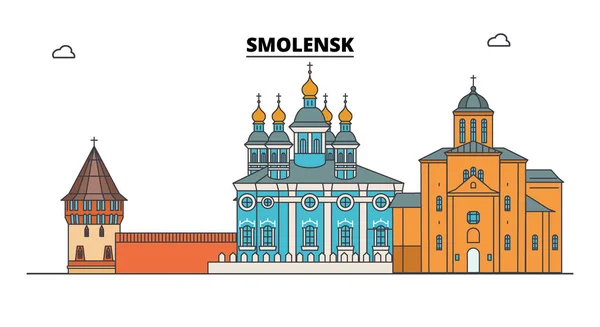 Russia, Smolensk. skyline della città: architettura, edifici, strade, silhouette, paesaggio, panorama. Linea piatta, illustrazione vettoriale. Russia, Smolensk disegno di contorno . — Vettoriale Stock