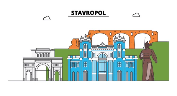 Rusko, Stavropol. Panorama města: architektura, budovy, ulice, silueta, krajina, panorama. Plochá linie, vektorové ilustrace. Rusko, Stavropol obrys design. — Stockový vektor