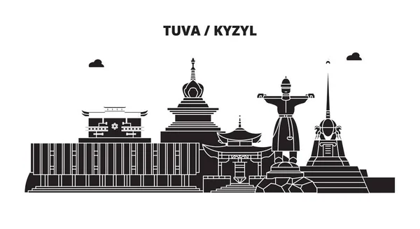 Russia, Tuva, Kyzyl. skyline della città: architettura, edifici, strade, silhouette, paesaggio, panorama. Linea piatta, illustrazione vettoriale. Russia, Tuva, Kyzyl disegno contorno . — Vettoriale Stock