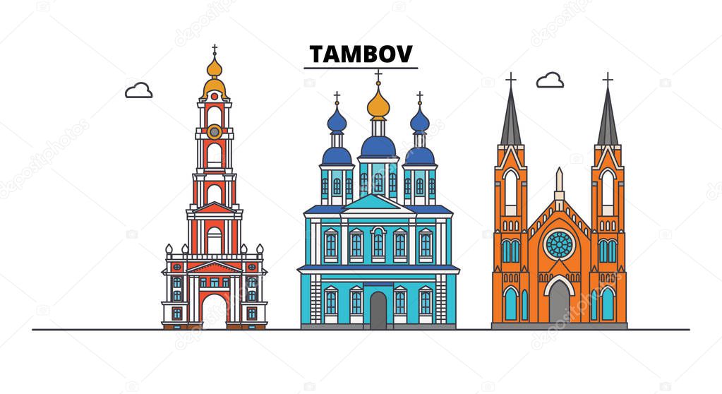 Russia, Tambov. City skyline: architecture, buildings, streets, silhouette, landscape, panorama. Flat line, vector illustration. Russia, Tambov outline design.