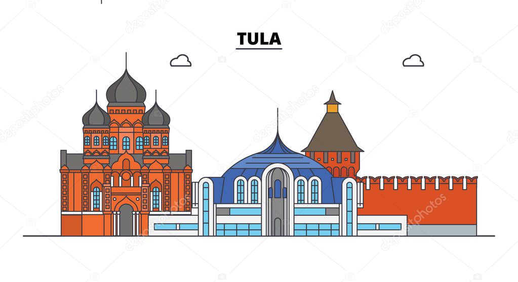 Russia, Tula. City skyline: architecture, buildings, streets, silhouette, landscape, panorama. Flat line, vector illustration. Russia, Tula outline design.