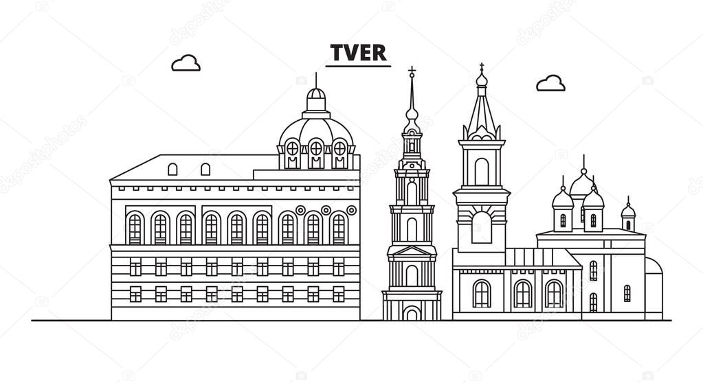 Russia, Tver. City skyline: architecture, buildings, streets, silhouette, landscape, panorama, landmarks. Editable strokes. Flat design, line vector illustration concept. Isolated icons