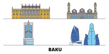 Azerbaycan, Bakü simge vektör çizim düz. Azerbaycan, Bakü satır şehir ünlü seyahat yerler, manzarası, tasarım ile. 