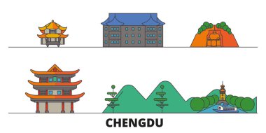 Çin, Chengdu simge vektör çizim düz. Çin, Chengdu satır şehir ünlü seyahat yerler, manzarası, tasarım ile. 