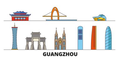 Çin, Guangzhou simge vektör çizim düz. Çin, Guangzhou satır şehir ünlü seyahat yerler, manzarası, tasarım ile. 
